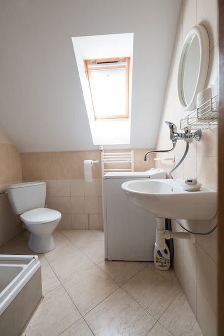 Restroom: shower, toilet, washing machine