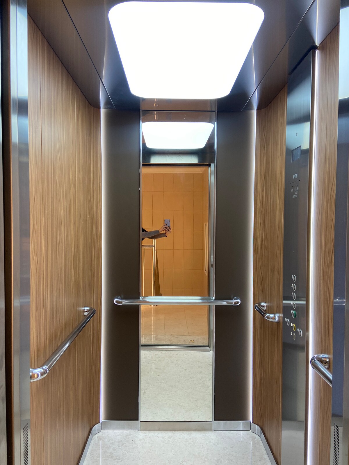 The image shows an elevator interior featuring wooden paneling and modern lighting. Two handrails are mounted on either side, and a mirror extends along one wall, reflecting the space. The elevator doors and control panel are visible, indicating a contemporary design.