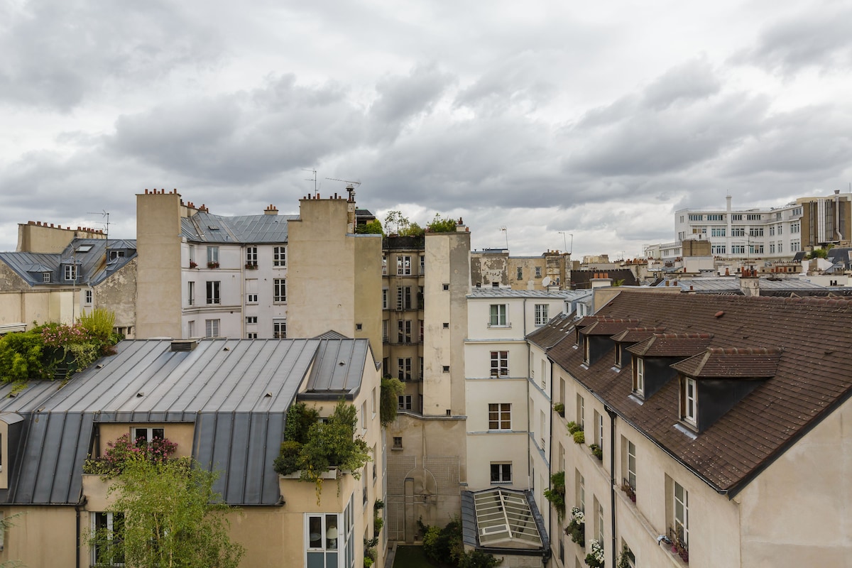 An expansive view of the Parisian rooftops is presented, showing a mix of traditional and modern architecture under a cloudy sky. Various plants can be seen on balconies, enhancing the green ambiance, while multiple buildings surround a central courtyard, indicating a peaceful urban environment.
