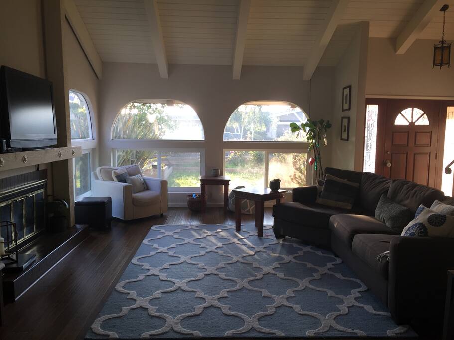 Living room with flat screen TV and fireplace