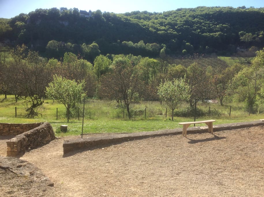 Gravel terrace with garden and views.