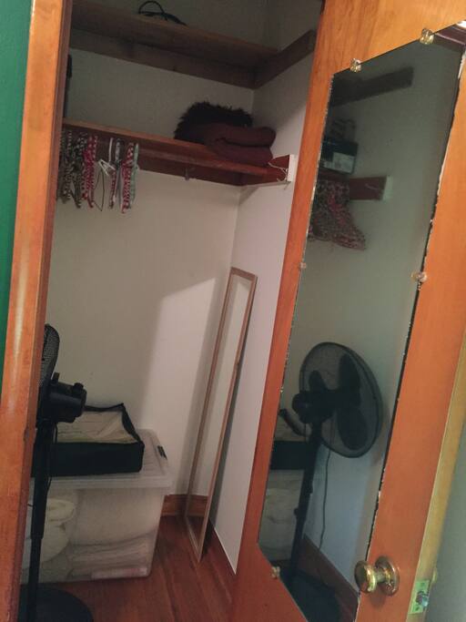 An extra blanket for warmth, a fan for breeze, and lots of heirloom hangers wait to be of service to you in the closet.