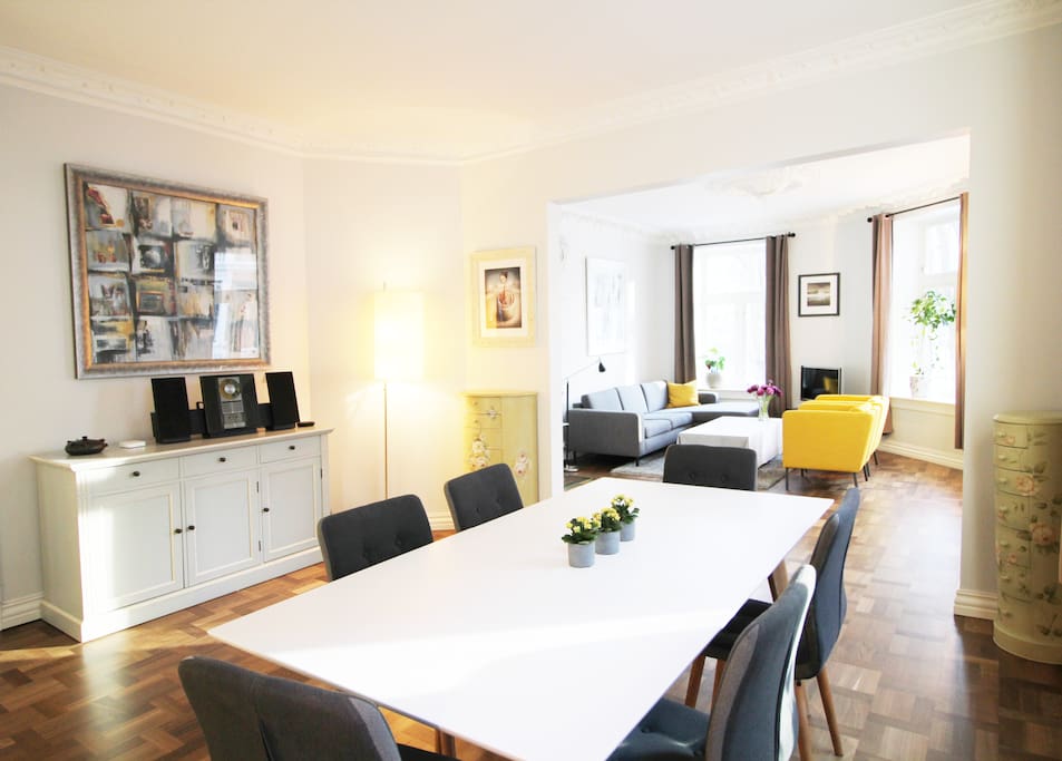 Open plan living area with plenty of space and light. Dining area seats six.