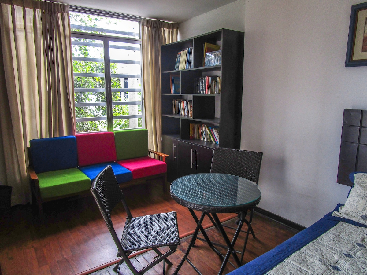 A well-lit room features a colorful seating area with two sofas, a small glass table, and two chairs. A bookshelf filled with books is positioned against the wall, while large windows allow natural light to brighten the space.