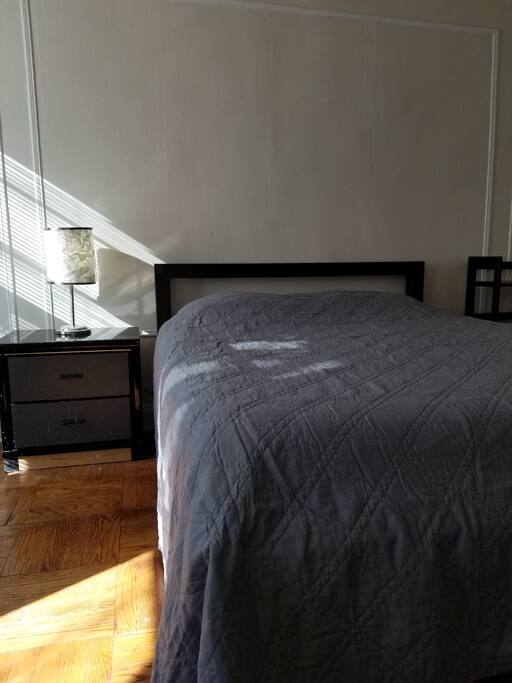 Queen-sized Bed! Massive bedroom with wood floors and two windows getting great afternoon sun.