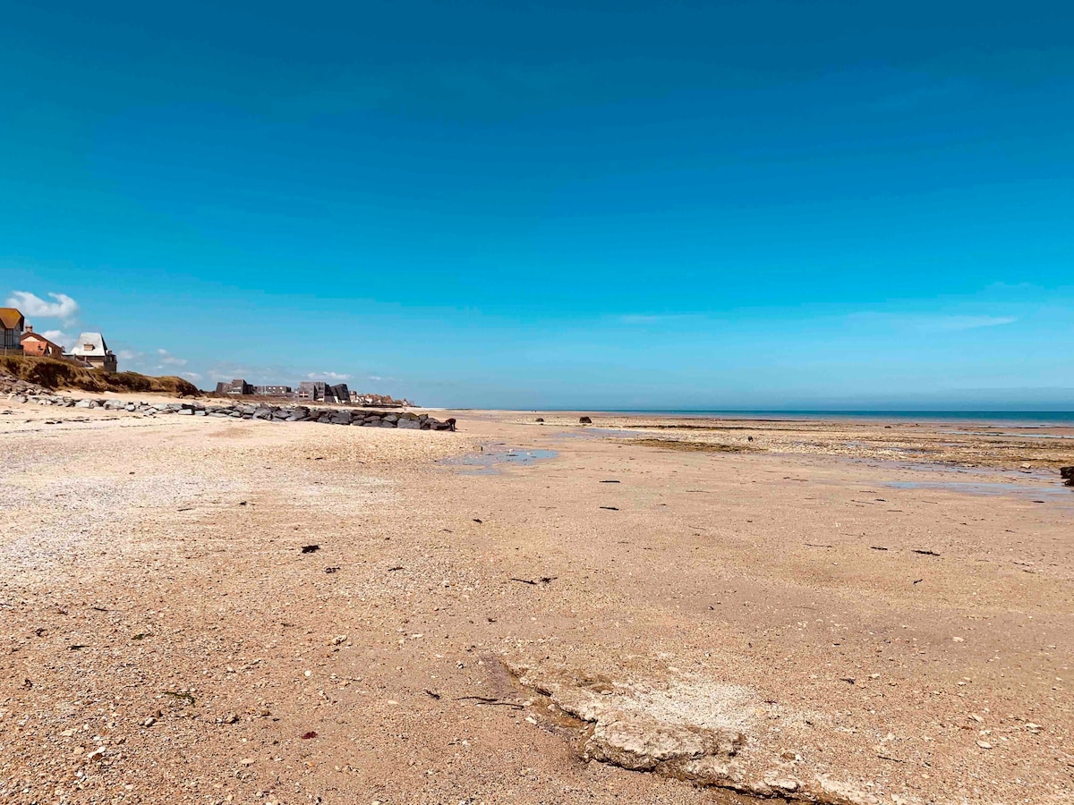 A sandy beach stretches out under a clear blue sky, with the ocean visible in the distance. The shoreline is lined with scattered pebbles and smooth rocks, with an expanse of sand leading towards the water's edge.