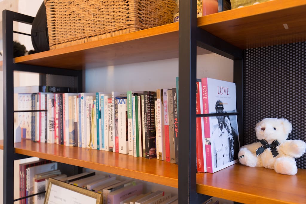 Bookshelf with books.