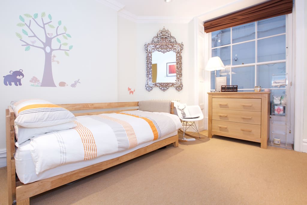 The second bedroom comes with a single bed (and sleeping arrangements for a toddler)