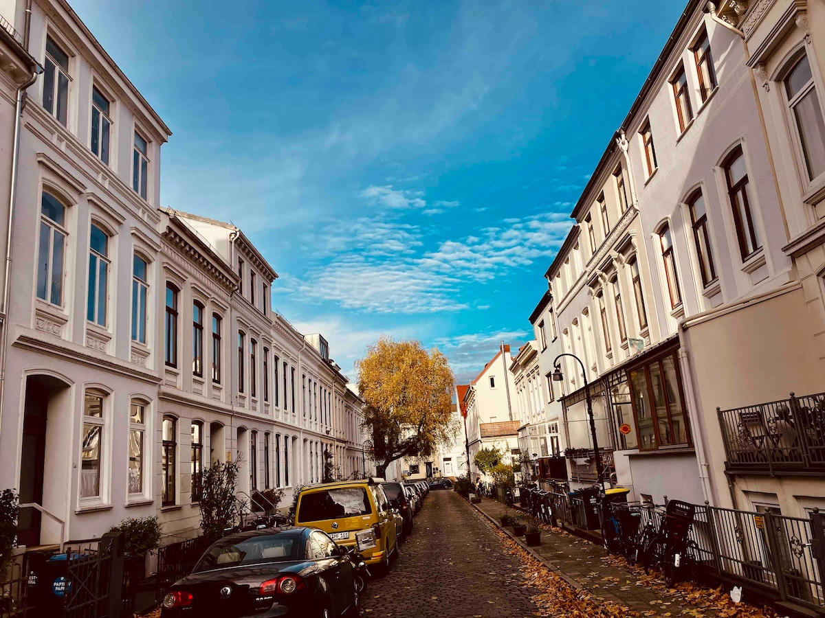 A charming street is lined with elegant, historic buildings featuring large windows. The cobblestone road is flanked by parked cars and bicycles, while trees with autumn foliage are visible. A bright blue sky filled with gentle clouds adds to the serene atmosphere.
