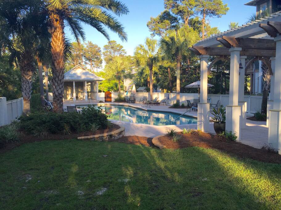Greenway Park, the most gorgeous kept secret on 30-a. Across the street from the pool and it comes with 6 seater golf cart (for an additional fee) to get you to the beach!