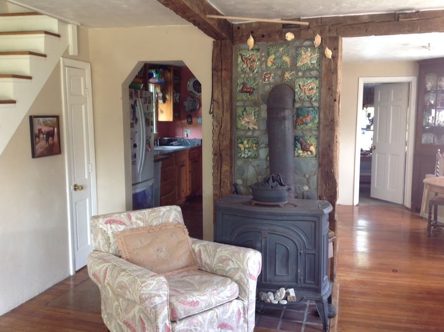 Living Room with wood stove and artisan tiles