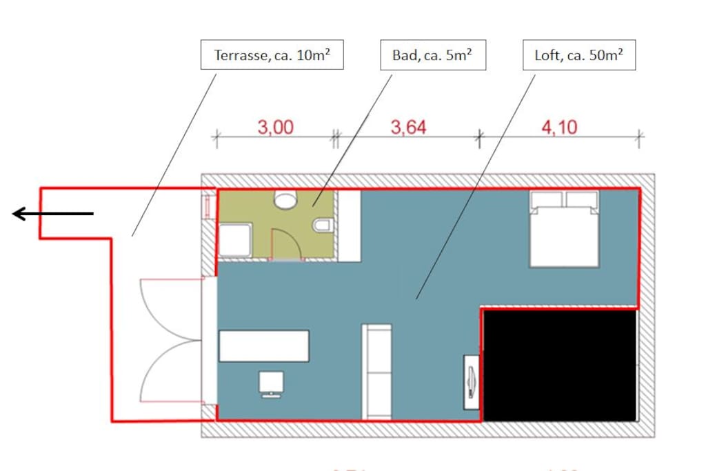 Grundriss: Terrasse, Bad, Loft