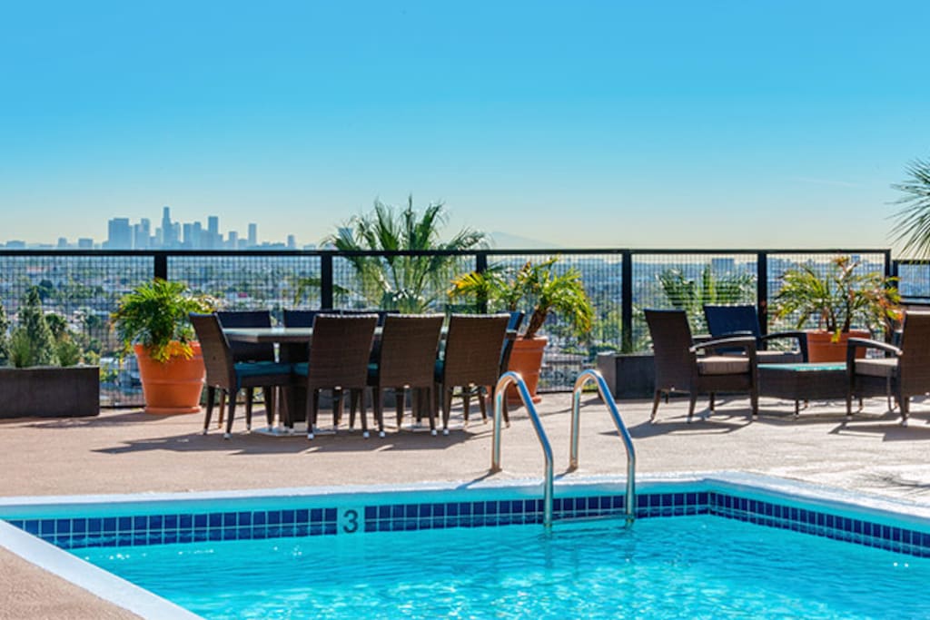 Rooftop pool and Los Angeles skyline