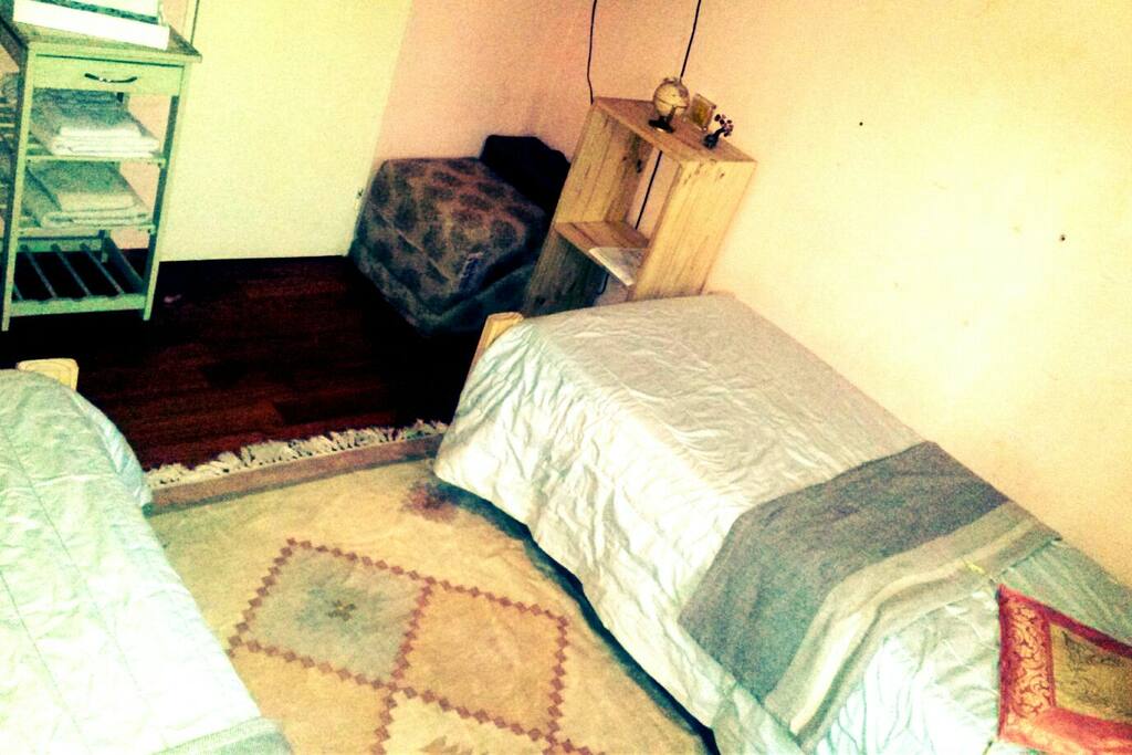 La habitación tiene una TV 20" con señal DirecTV, 2 camas, muebles de apoyo (mesas de luz, estantes, etc), y una hermosa vista al jardín trasero.