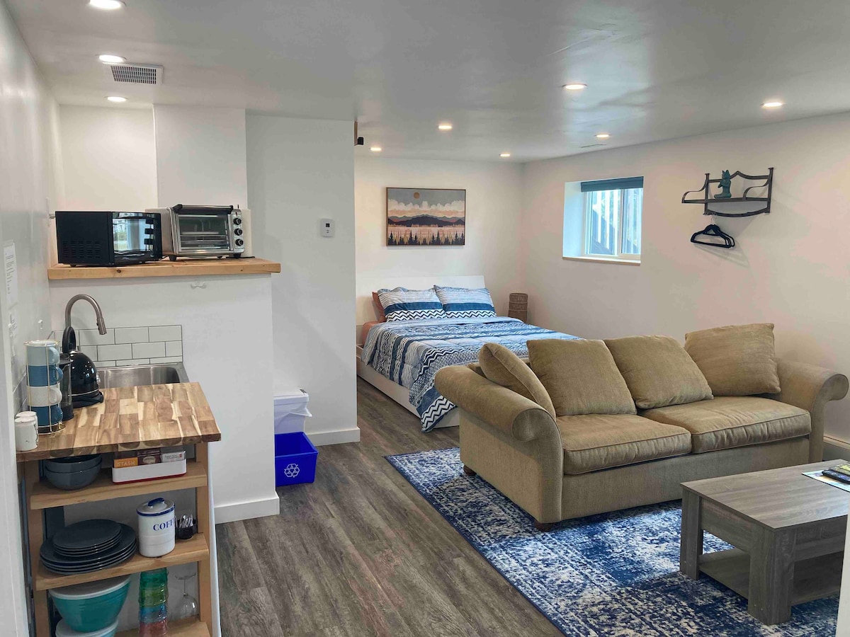 The spacious basement suite includes a comfortable queen bed with patterned bedding, a cozy couch, and a kitchenette featuring appliances like a microwave and coffee maker. Natural light enters through a window, illuminating the room's neutral decor and wood accents.
