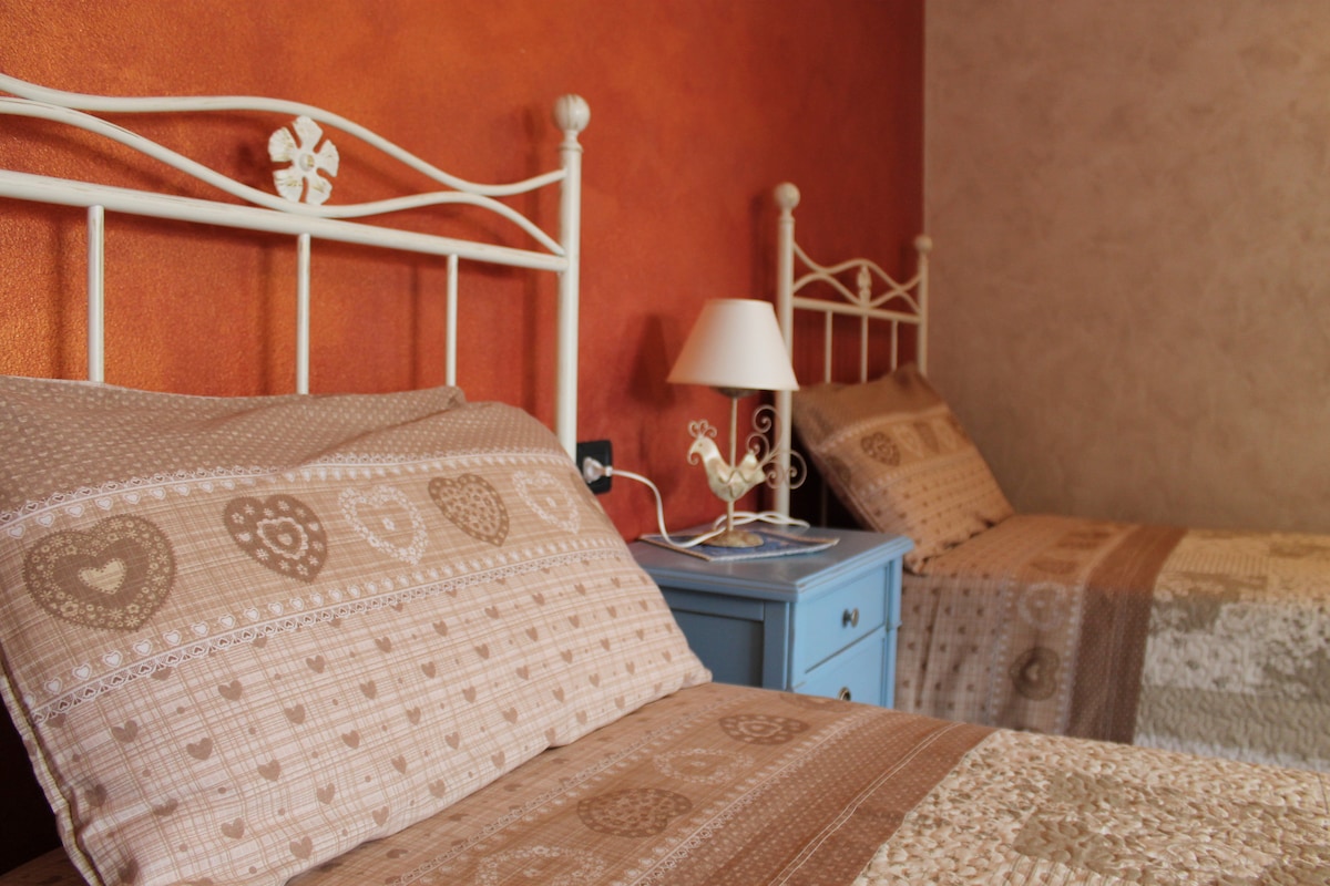 The image shows two beds with decorative headboards, positioned on a textured orange wall. Each bed is covered with matching patterned bedding, featuring heart motifs. A bedside table with a lamp sits between the beds, contributing to the cozy layout of the room.