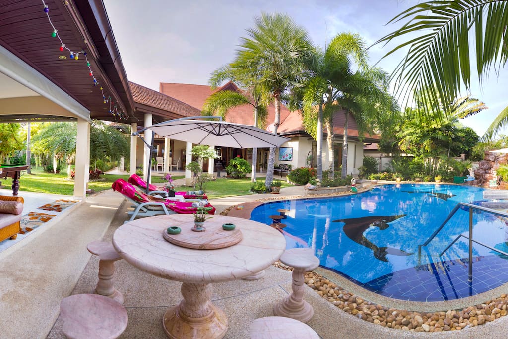 Day time Panoramic of this Stunning Garden & Pool