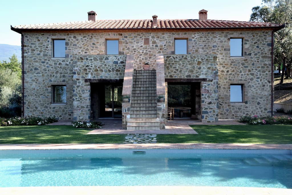 Villa main entrance with pool