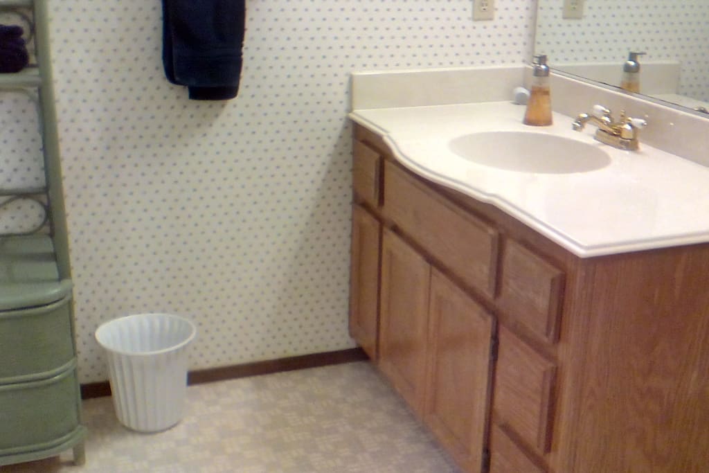 The attached bathroom is spacious with space for your toiletries. A hair dryer is provided.