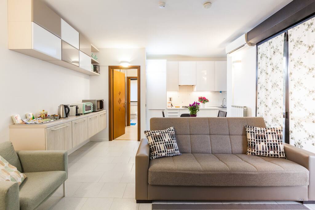 Foto verificata air bnb.grande open space con soggiorno con divano letto seduta 3 posti e una poltrona, davanti alla smart tv 42 '', cucina moderna completamente attrezzata, riscaldamento e condizionamento, porta finestra sulla balconata fronte parco