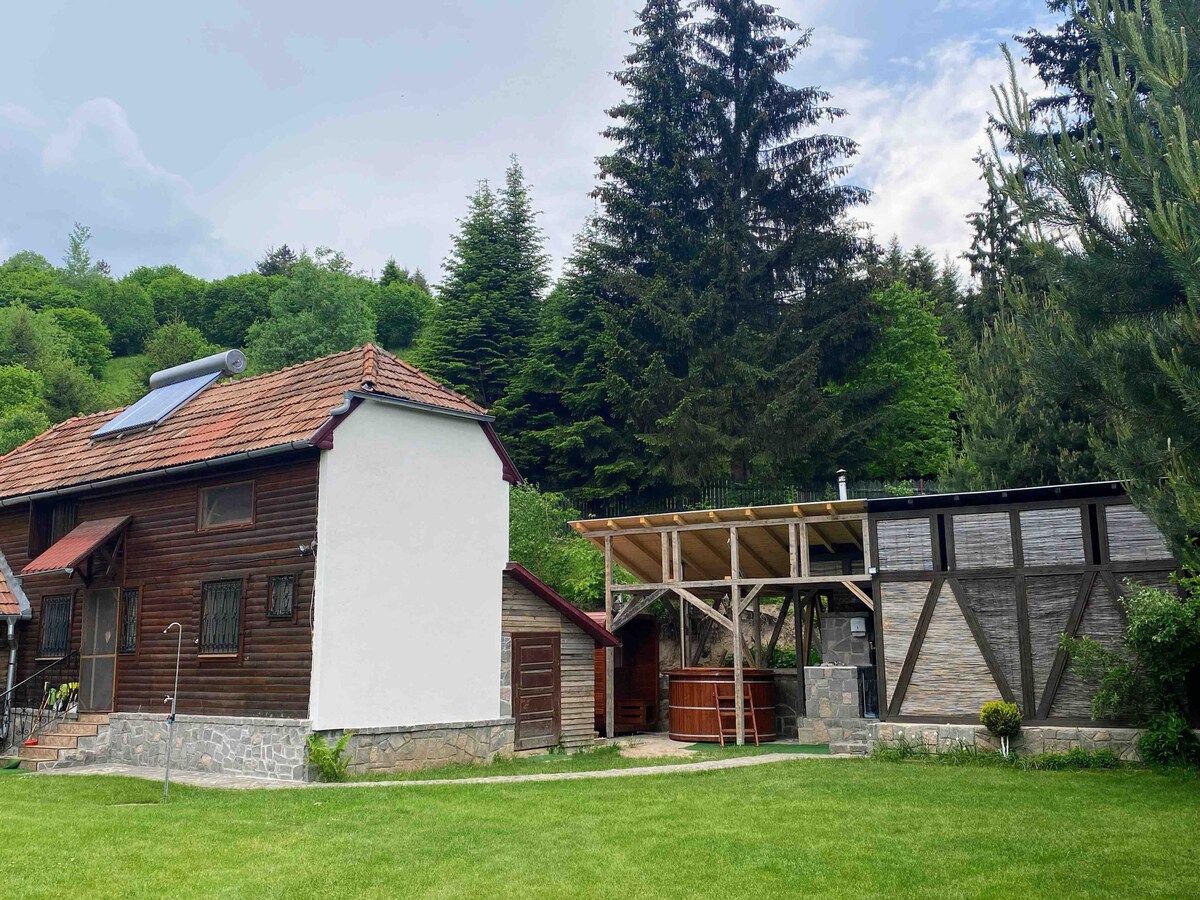 A charming two-story house with a wooden exterior is set in a lush, green landscape. Adjacent to the house, a covered area features a wooden hot tub, surrounded by tall trees and open grassy space, inviting relaxation in a tranquil environment.