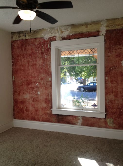 Living Room, Original Red Plaster Wall & Leaded Glass Window