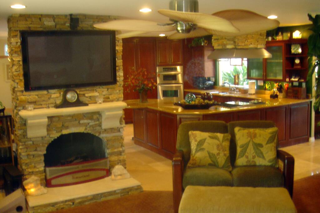 Living room with TV and fireplace