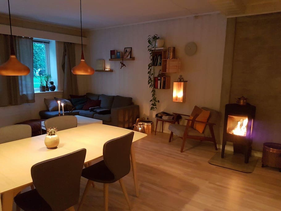 Cozy living room with large dining table and fireplace