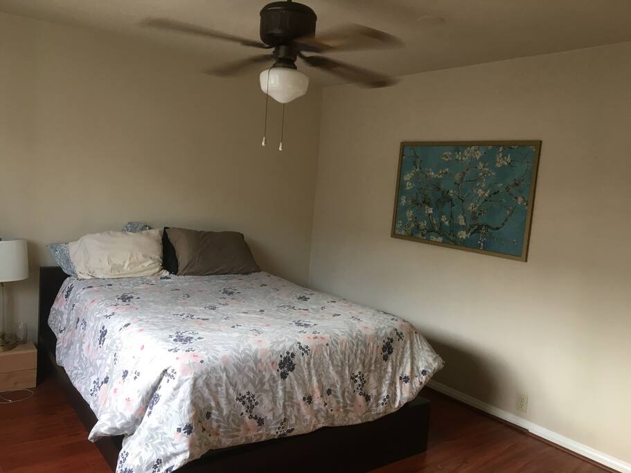 Queen-sized bed in large bedroom.