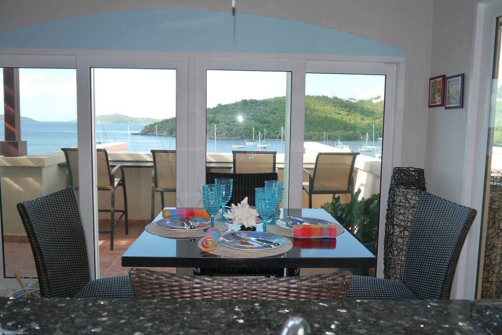Indoor and outdoor dining with a view