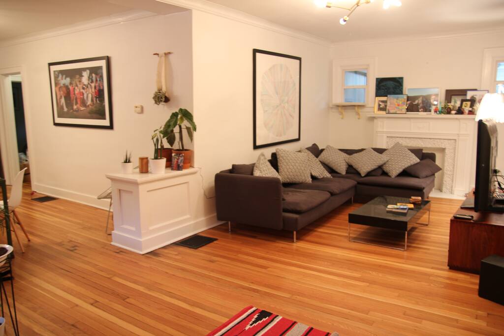 Shared Living Room with a new contemporary couch that sits 6. There is a nice tv with HBOGO, Netflix, Kodi, and a WIIU.