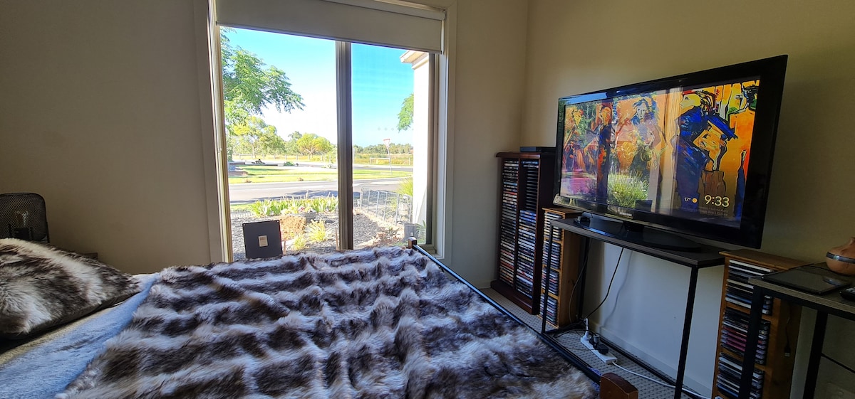 A tranquil bedroom is displayed, featuring a large window that offers views of green foliage. A spacious bed with a textured grey blanket lies next to a television mounted on a stand. A collection of DVDs is visible in a nearby shelf.