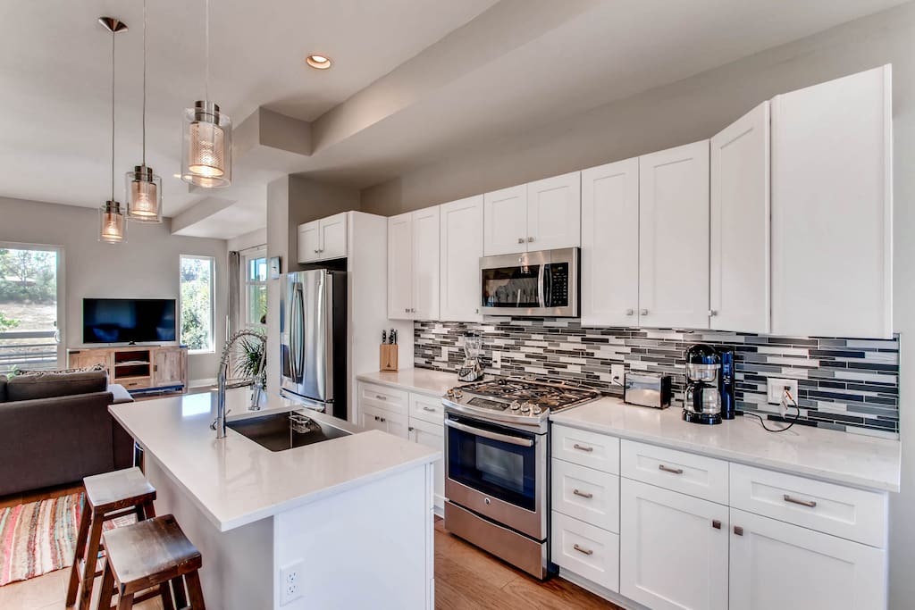 Kitchen and living room.