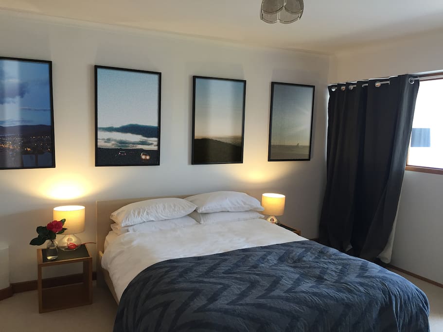 The studio has one bedroom with a queen-sized bed
