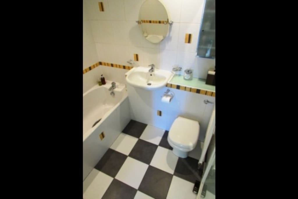 The bathroom has a bath and a walk-in shower.