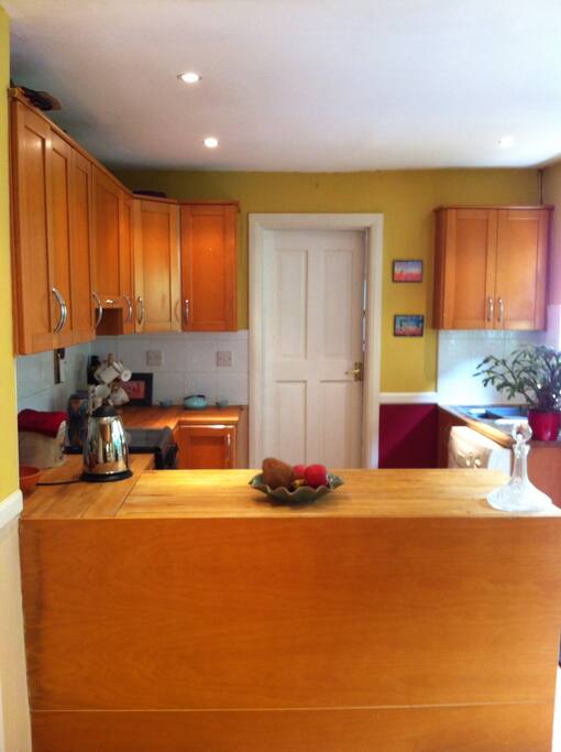 Spacious open plan kitchen, looking out onto patio.
