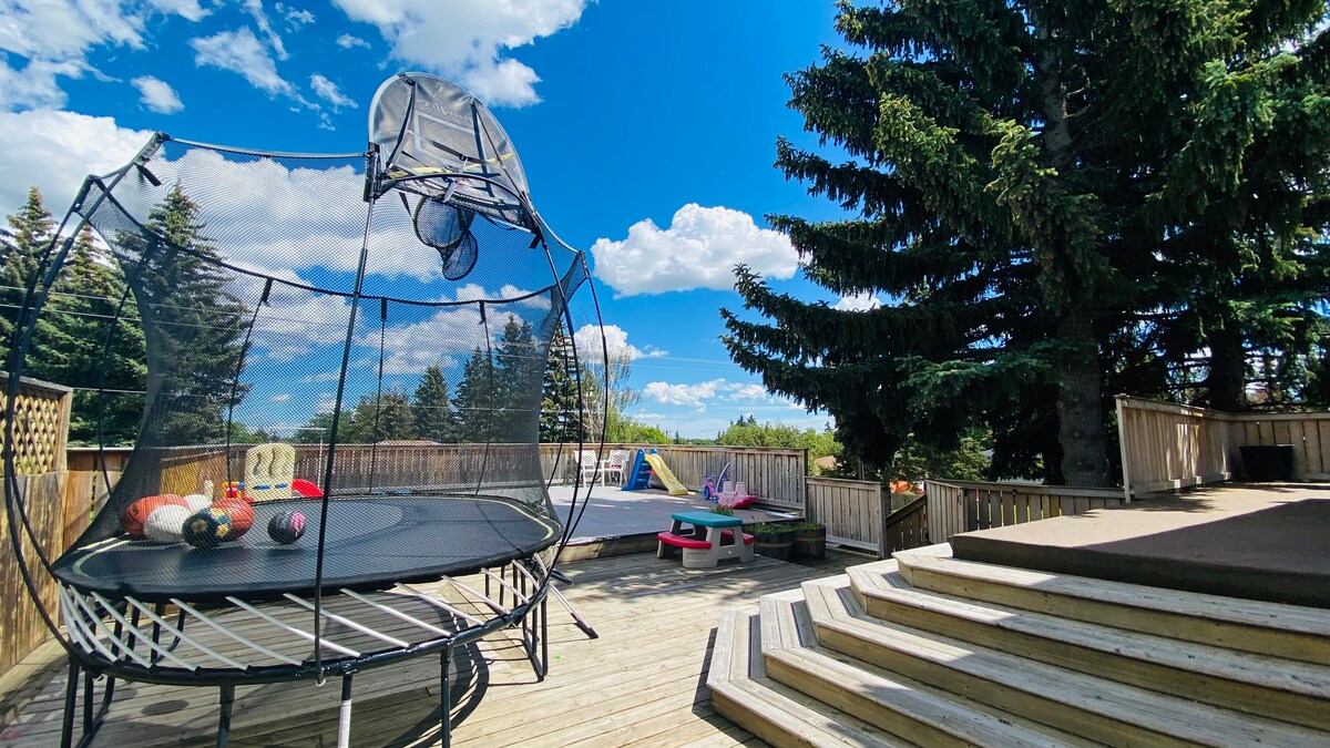 A large wooden deck is displayed, featuring a trampoline with colorful balls nearby. Trees add a natural backdrop, while a shaded area offers seating. The sky is bright with fluffy clouds, providing a cheerful atmosphere. Steps lead up to a multi-level outdoor space.