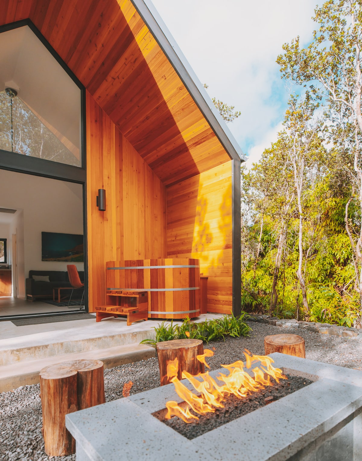 A contemporary cabin is framed by a natural landscape, featuring a wooden facade and large glass doors. A stone fire pit with a clean-burning flame is positioned on the patio, surrounded by seating made from logs. Lush greenery partially obscures the outdoor space.