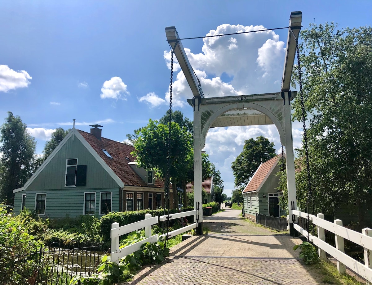 A charming wooden bridge stands prominently, connecting the two sides of a picturesque village. Flanking the bridge are two residential buildings with sloped roofs and large windows, surrounded by greenery and the open sky dotted with fluffy clouds.