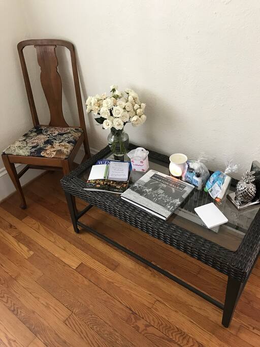 Just a little hospitality in your room. Make sure to sign the guest book and read all about the house!