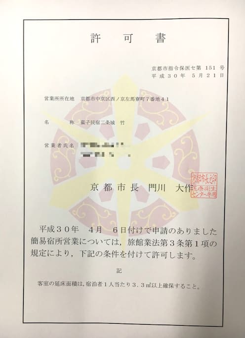 蛮子民宿·二条·松,已获得京都市政府颁发的许可