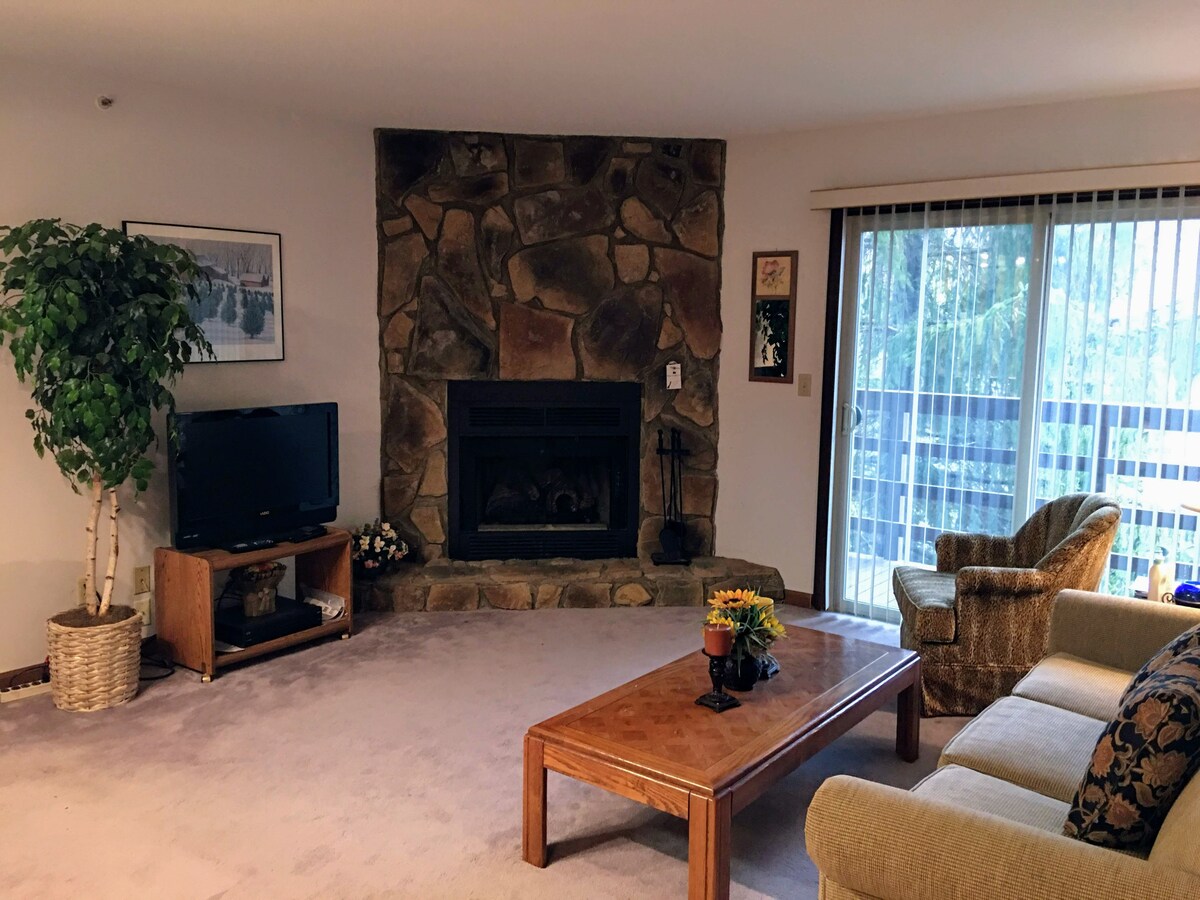 Sebule iliyo na mahali pa kuotea moto kwa gesi