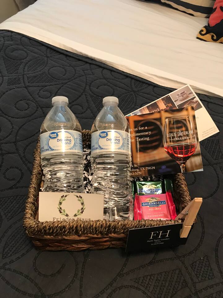 Nothings too good for our guests!! Guest baskets include 2 complimentary wine tasting cards, water, chocolates and souvenir magnet!!