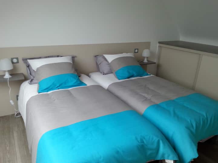 Première chambre avec deux lits de 0,90 cm.
Un grand placard, avec penderie, étagères .
Une grande tête de lit, chevet de chaque côté, ainsi que  deux lampes de chevets.
Velux avec store jour et nuit.

