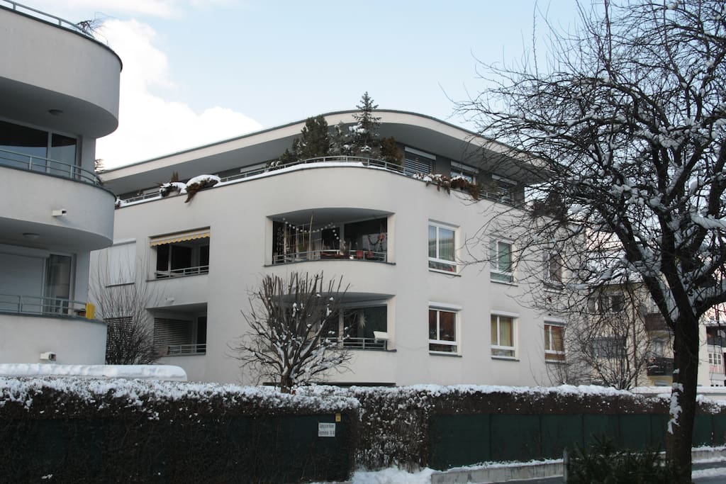 House from the outside in the winter. The apartment is on the 2nd floor.
