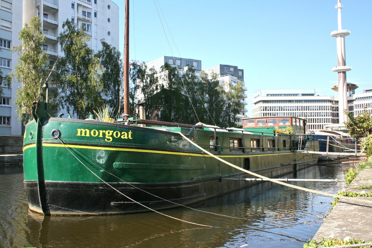 A historic green barge is anchored alongside a serene body of water, surrounded by modern buildings and lush trees. The boat's name, 'morgoat', is displayed on its side, with ropes securing it to the dock.