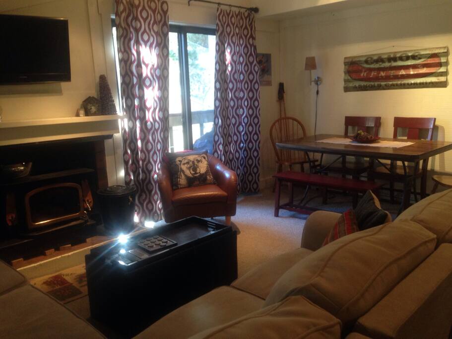 Relax by the fire on our sectional couch with recliner or chair- cozy!!