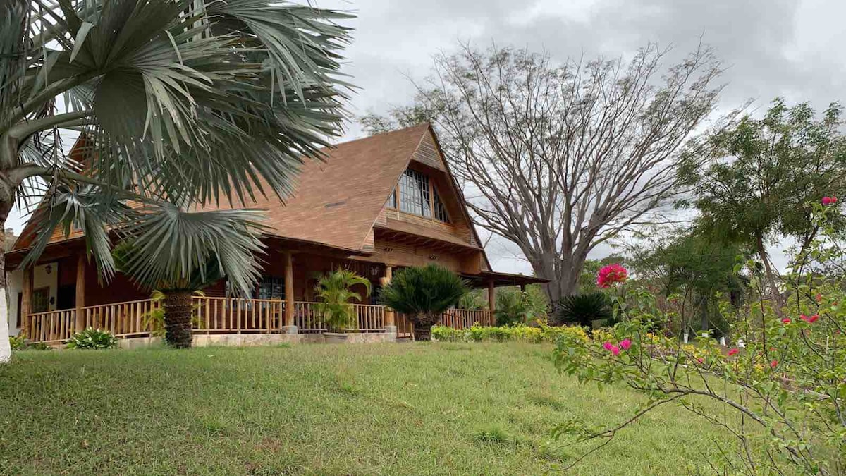 A spacious wooden house features a triangular roof and large windows, set among lush greenery. A porch with railing extends along the front, surrounded by various trees and flowering plants, providing a serene outdoor environment.
