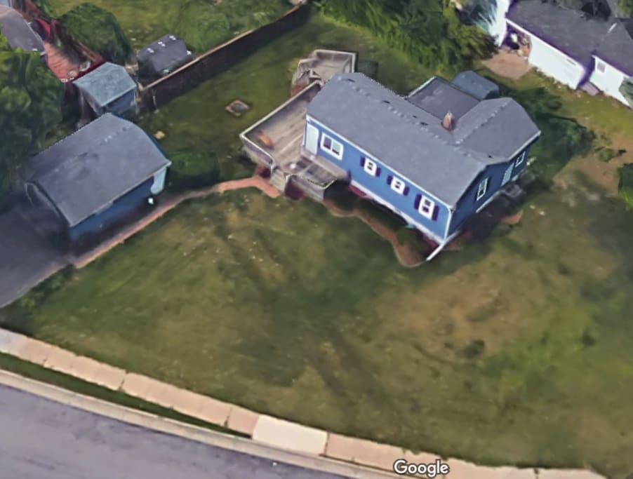 Overhead View of House, Garage, Spacious Deck