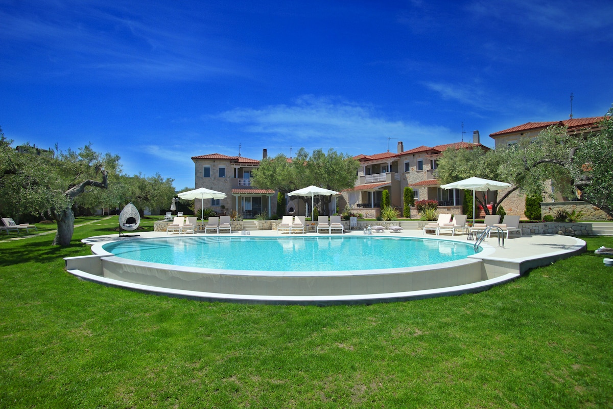A spacious outdoor area is showcased, featuring a large swimming pool surrounded by manicured grass and olive trees. Sun loungers are positioned around the pool, with umbrellas providing shade. The background displays several villas with tiled roofs against a clear blue sky.